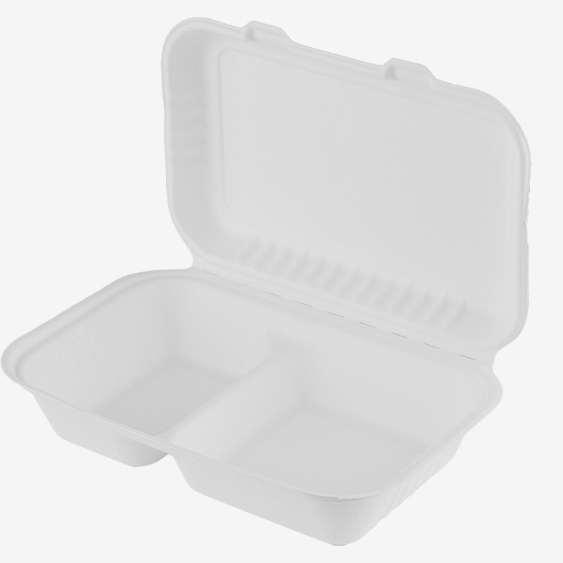 White sugarcane 2 compartment clamshell containers