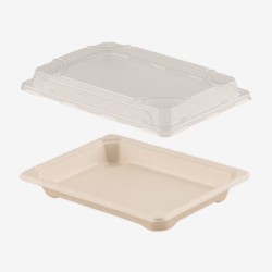 Set platouri trestie natur cu capace RPET 18x13 cm 1000 buc - 1