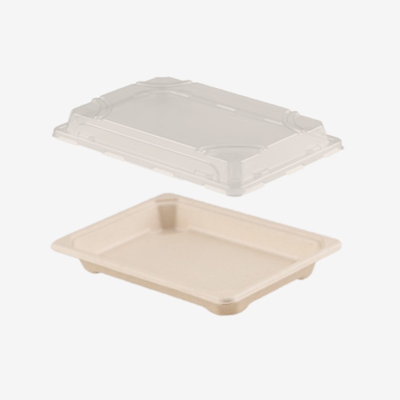 Set platouri trestie natur cu capace RPET 17x12 cm 1000 buc - 1